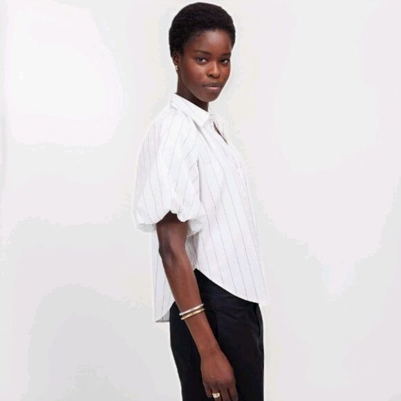 Madewell Shirred Bubble-Sleeve Button Up Shirt Women XXS Stripped White Cotton - Picture 5 of 11